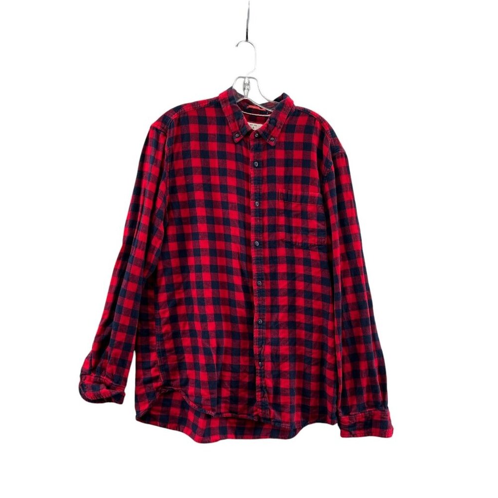Denim & Flower Plaid Flannel Long Sleeve Shirt Mens XL Slim Fit Red Blue